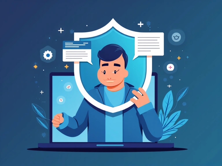 Ilustración de una persona protegiendo su privacidad en línea con un escudo digital