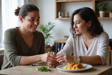 Nutricionista holística conversando con un cliente en un ambiente acogedor, simbolizando una consulta individual personalizada.