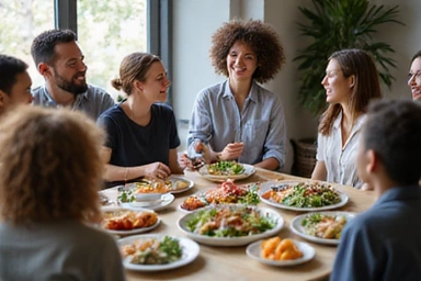 Un grupo de personas sonriendo y participando activamente en un taller de nutrición, con una nutricionista presentando información útil.