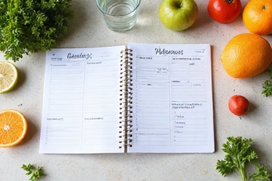 Un plan de alimentación saludable y un diario de bienestar sobre una mesa, con frutas y verduras frescas alrededor, simbolizando planes personalizados.