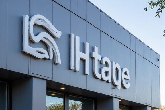 Edificio moderno que representa una sede de empresa con un logo abstracto.