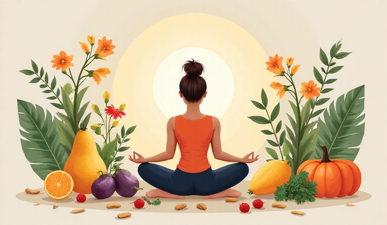 Ilustración de una persona meditando rodeada de elementos naturales y alimentos saludables, simbolizando la nutrición holística.