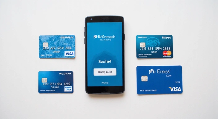 Variedad de tarjetas de crédito y un teléfono mostrando una aplicación de pago digital.