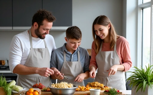 Familia cocinando junta alimentos saludables