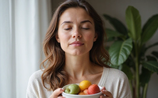 Mujer practicando mindful eating con un tazón de frutas